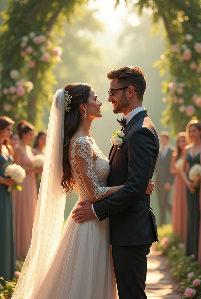 beautiful wedding between a brunette woman and a white brunette man, wearing glasses and with a very big butt and no beard
