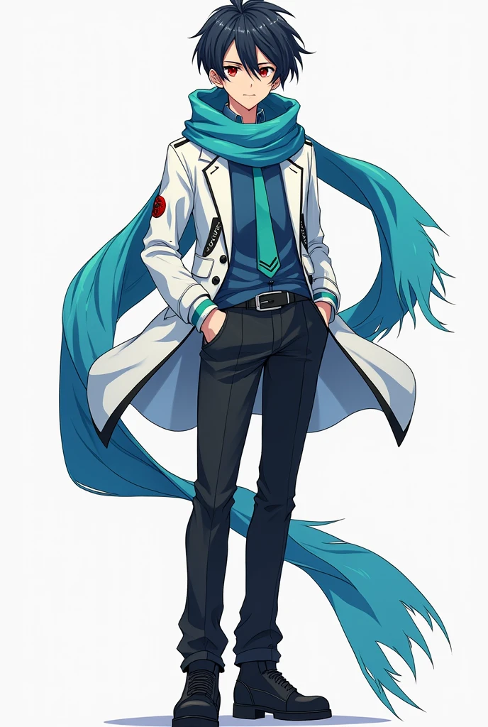 Male, Anime, 18-year old, Short black hair, Fair skin, Red eyes, Blue scarf, White jacket, Blue undershirt, Green necktie, Black trousers, Black shoes