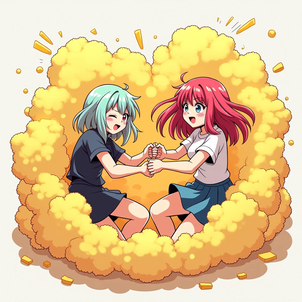 An anime-style illustration depicting many chaines-girls playfully wrestling with each other inside a gold comical fight cloud.
each chaines-girl has different  colored hair.
their faces,hands,and feet are visible emerging from the cloud as they tussle humorously,  with the rest of their bodies completely hidden inside the cloud.
the illustration emphasizes the humorous and energetic nature of their scuffle,with a fluffy  and exaggerated fight cloud.
