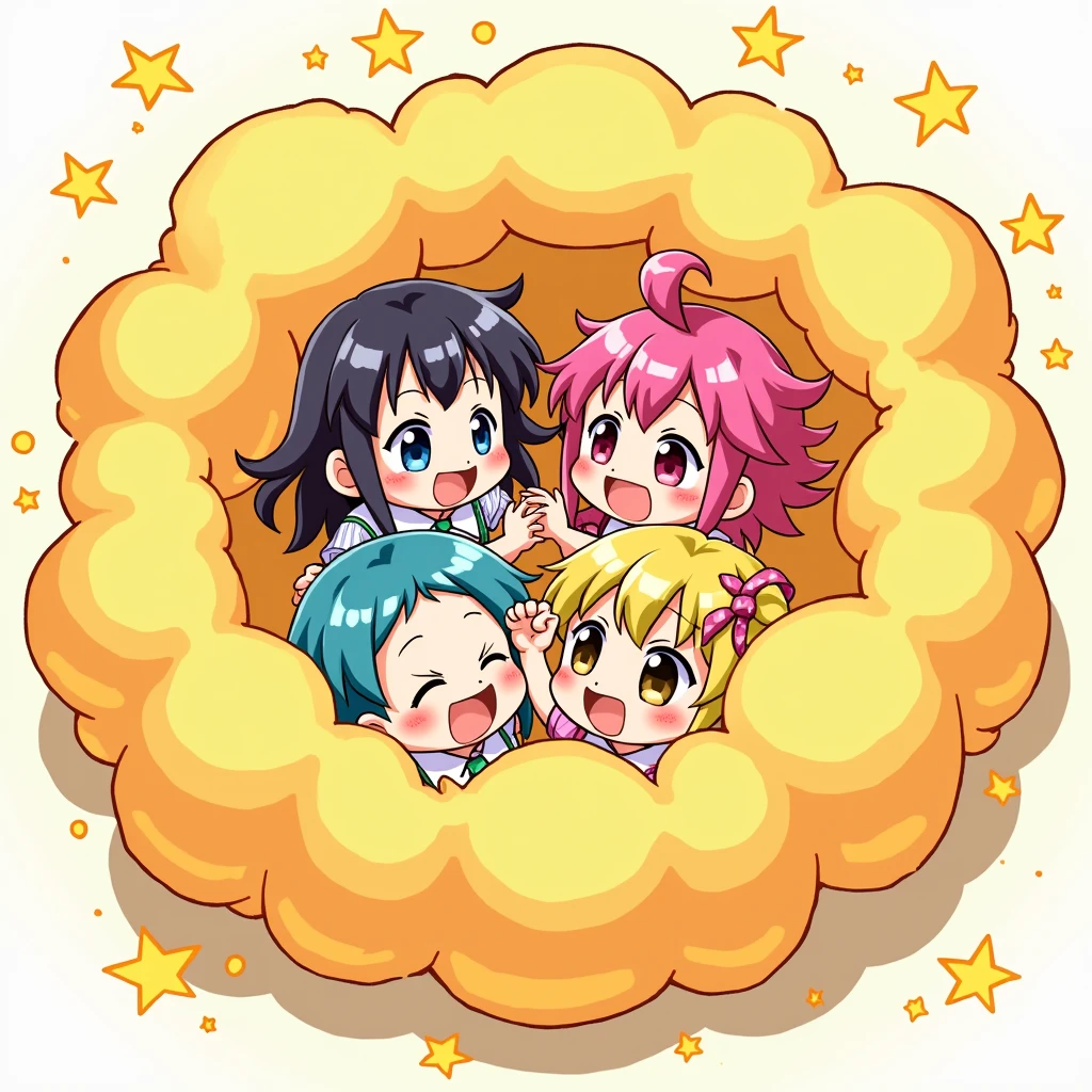 An anime-style illustration depicting many chaines-girls playfully wrestling with each other inside a gold comical fight cloud.
each chaines-girl has different colored hair.
their faces,hands,and feet are visible emerging from the cloud as they tussle humorously, with the rest of their bodies completely hidden inside the cloud.
the illustration emphasizes the humorous and energetic nature of their scuffle,with a fluffy and exaggerated fight cloud.