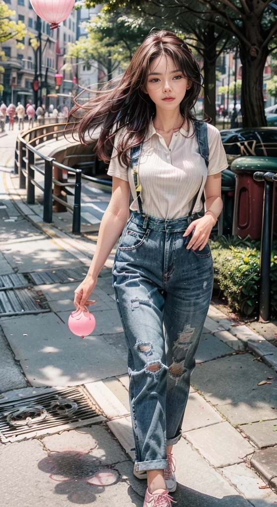 (Realistic photo, Highest quality 8k:1.1) (Portrait:1.15)
Happy scene, mother, daughter, walking in the park,
1 woman (Charming:1.1) 2 (Beautiful:1.2) Actress, Beautiful figure, Long hair,
Women's fashion, White shirt, Suspender skirt, Brown maternity dress, Walking,
1Girl,7yo, Pink striped polo shirt, Jeans, Sneakers, Walking, Holding a red balloon,