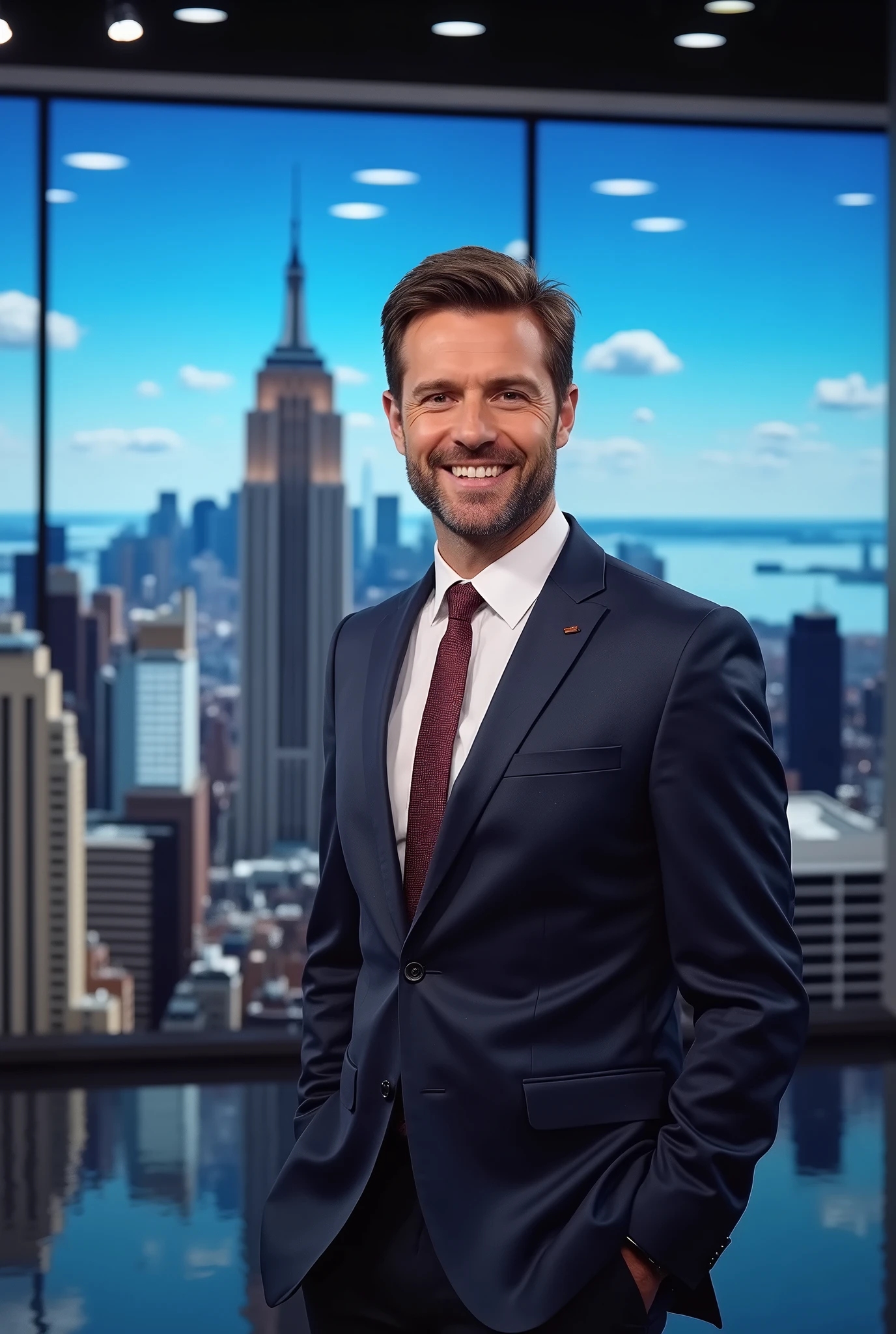 一位英俊的USA男新闻播报员在工作室里对USA帝国大厦背景播报新闻。, Manhattan,USA