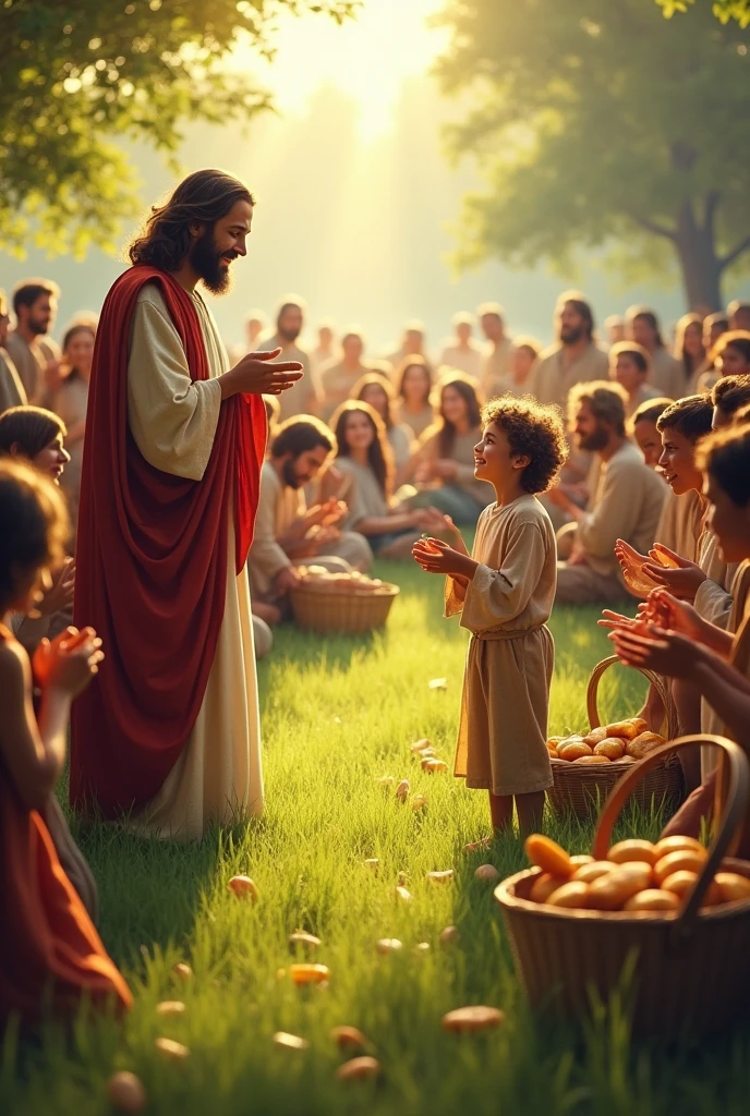 The final scene shows the crowd happy and satisfied, sitting on the grass, eating the loaves and fishes. from beside, the disciples are collecting twelve baskets full of leftover food, each one with a smile of gratitude. The one who offered the snack is in front, looking at Jesus with admiration, while Jesus, with a serene smile, look back at him. The scenery remains illuminated by the sun, conveying a sense of peace and joy."