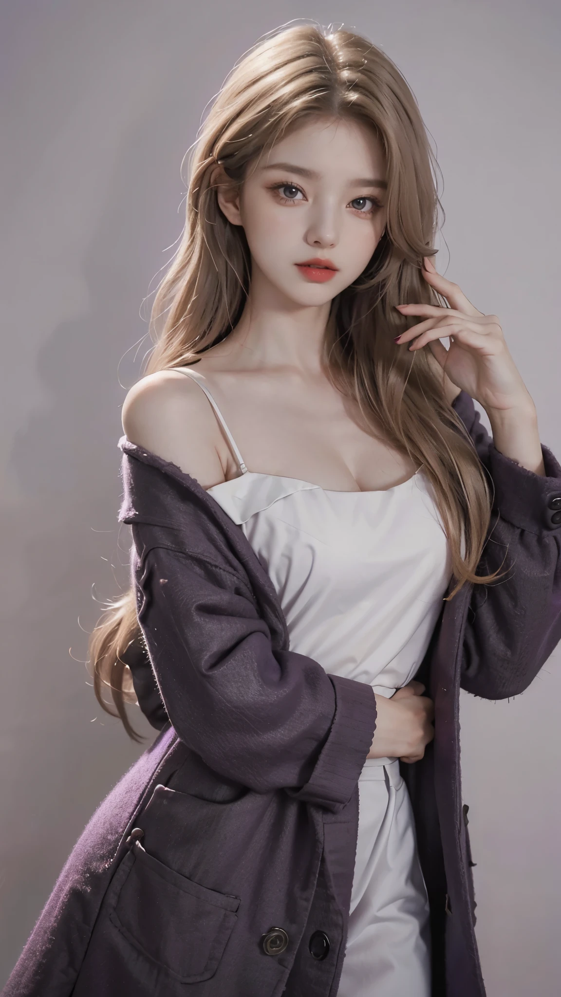 Girl wearing, luxury purple coat, shoulder length hair, wavy hair, glowing skin, star in eye, red lips, grey background, cute poses , upper body, light blonde hair.