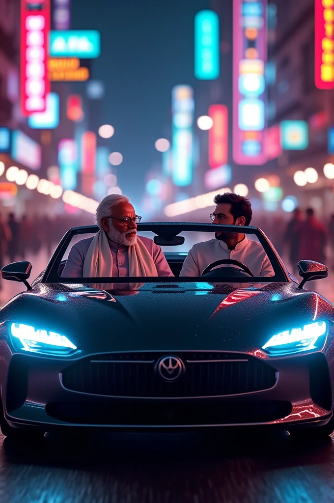 Modi and Rahul Gandhi drive a car in neon mumbai