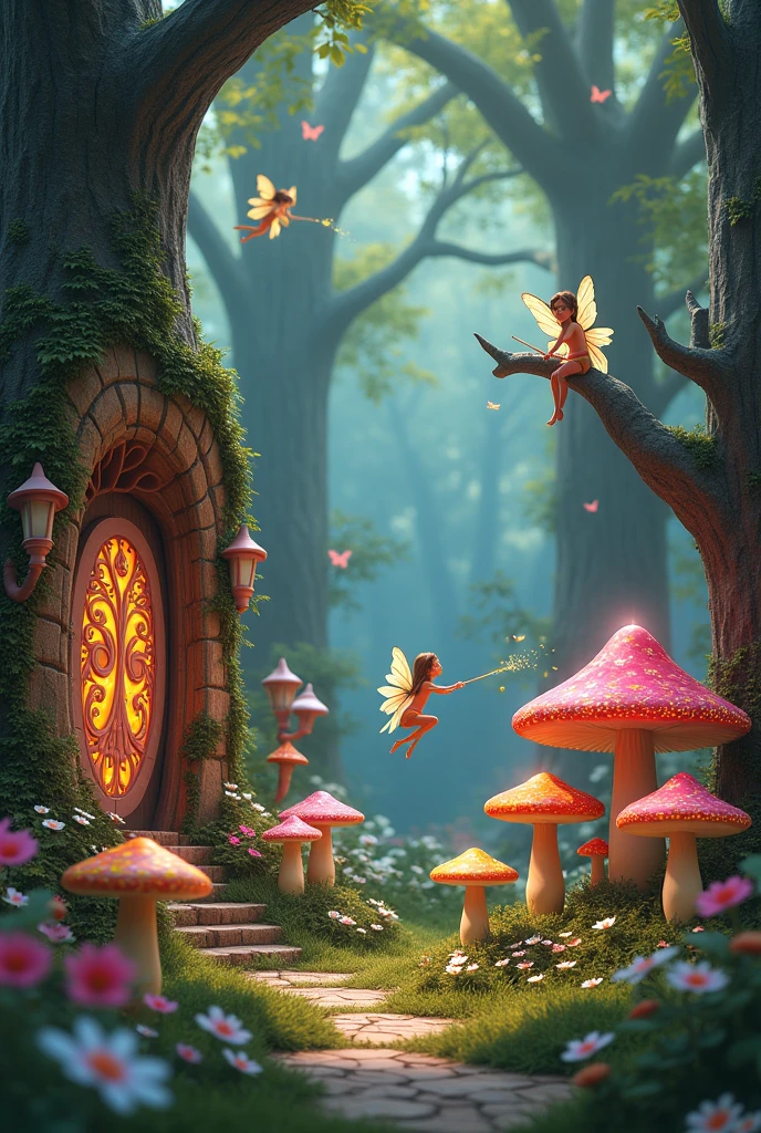 Fairy garden with trees and fairy doors colourful toadstool with fairies sat on them and fairies flying with magic wands