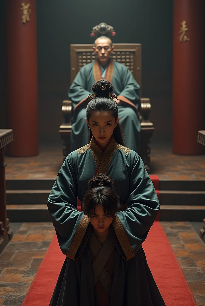 A beautiful young woman with a fierce expression and no smile, wearing a dark brown official's dress in the full regalia of the Han Fu Dynasty, stands in front of a table. An old man wearing a Chinese nobleman's dress from the Jin Dynasty sits in front of a throne. A young man with disheveled hair and a white shirt in a worn out prison uniform kneels in front of him. The atmosphere of the interrogation room of the Kaifeng Court in ancient China from the Jin Dynasty, when viewed from a distance, stands in full view, as realistic as if acting in a movie scene, seeing the entire room from a distance.