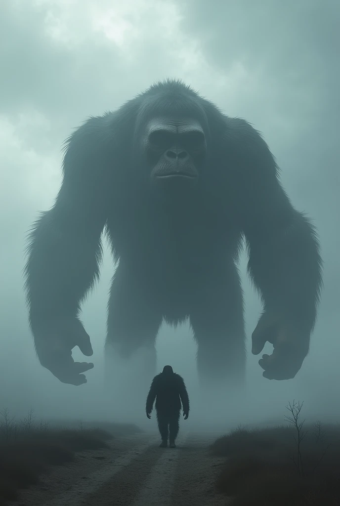 Gigantic monkey walking across a plain in the distance amid fog, haze, haze, dark clouds, grimdark ,supense, monstr, unearthly, octan render, engine unreal, photorrealistic, hyper realism, highy detailed, high qualiy, intrincately detailed,Volumetric lighting, full character, 4K, ,hard disk ,Full HD, 8k, RTX, high resolution, detailed shadows, incredibily detailed, perfect, Dramatic scale