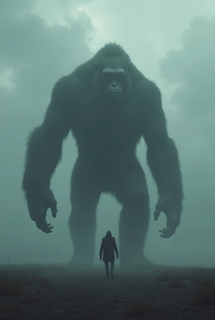 Gigantic monkey walking across a plain in the distance amid fog, haze, haze, dark clouds, grimdark ,supense, monstr, unearthly, octan render, engine unreal, photorrealistic, hyper realism, highy detailed, high qualiy, intrincately detailed,Volumetric lighting, full character, 4K, ,hard disk ,Full HD, 8k, RTX, high resolution, detailed shadows, incredibily detailed, perfect, Dramatic scale