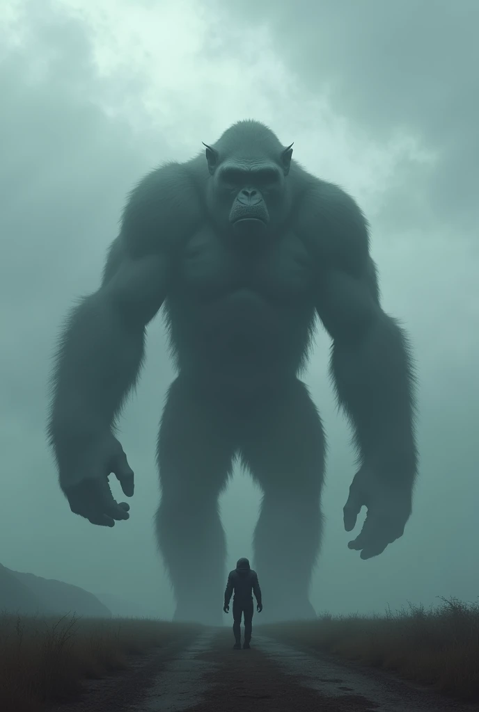 Gigantic monkey walking across a plain in the distance amid fog, haze, haze, dark clouds, grimdark ,supense, monstr, unearthly, octan render, engine unreal, photorrealistic, hyper realism, highy detailed, high qualiy, intrincately detailed,Volumetric lighting, full character, 4K, ,hard disk ,Full HD, 8k, RTX, high resolution, detailed shadows, incredibily detailed, perfect, Dramatic scale
