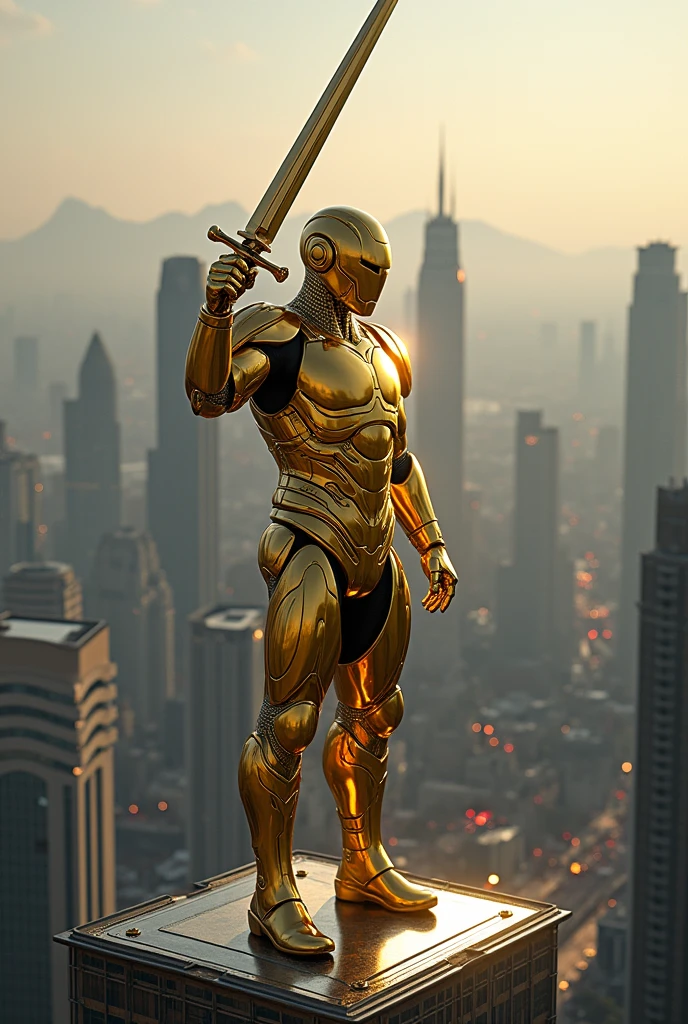 One superhero with gold Armor suit.Standing on the high building.bring a sword.real photos..Super realistik.