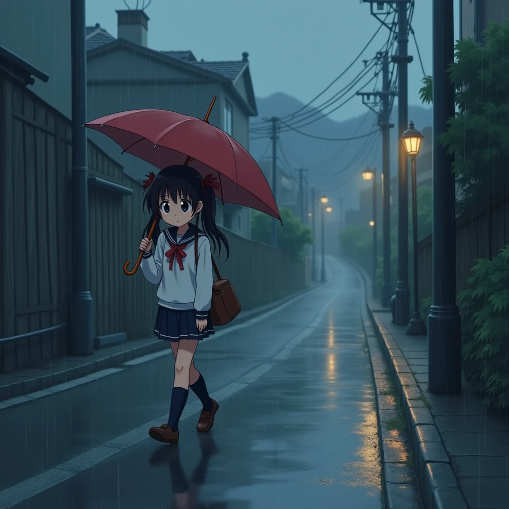 Anime Style, A girl walking down a hill, Walking along the side of the road, Holding an umbrella, Surprised expression, Be confused,
Steep Slope, Slope 20 degrees, steep hill, very sloped road, very sloping ground,
The girl is wearing a white sailor suit with short sleeves and a navy collar, with a blue ribbon., Wearing a navy blue skirt,
Wearing black high socks, Wearing loafers.
Her hair is very long and black, with low twin tails and red ribbons..
Not high pigtails, Not half-up,
Open red umbrella, Dark brown school bag,
Late teens, Small breasts, Has dark brown eyes.
The girl's lower body is wet from the rain.
puddle, Sidewalk, pavement, Japan roads, A city with slopes, building, Apartment, Electric pole, electric wire, Street lamp, City view, null,
Very heavy rain, fog, Outdoor, evening, from front.