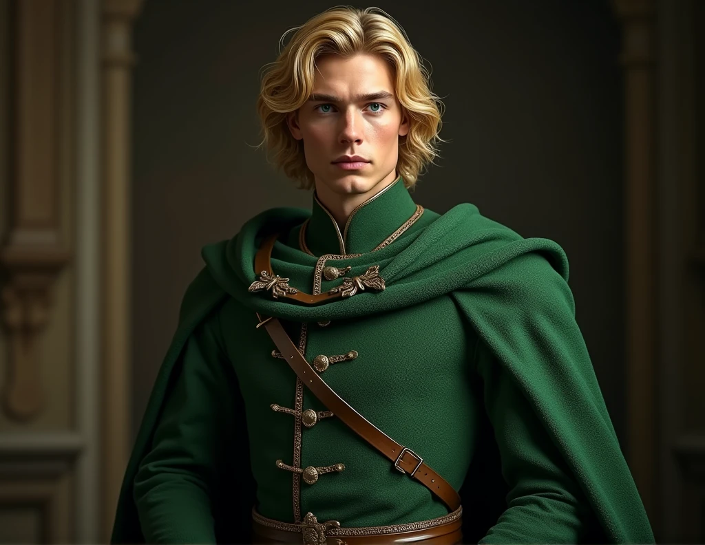 Niels Visser as Prince with golden-blond hair., wears a green medieval moss military uniform, staring straight ahead with a piercing emerald green gaze. full body with sword on belt