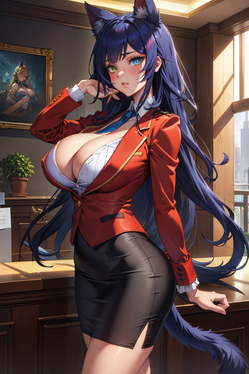 (extremely detailed CG unity 4k wallpaper),(masterpiece),(best quality),(ultra-detailed),(best illustration),(best shadow),(absurdres),(detailed background), Catgirl with Cat tail, Heterochromia, Red blazer, Black pencil skirt, High heels, Elegant, Very long blue hair (Hime), Relaxed standing posture, Hotel reception desk, Thick thighs, big breasts, Big butt, Make up,