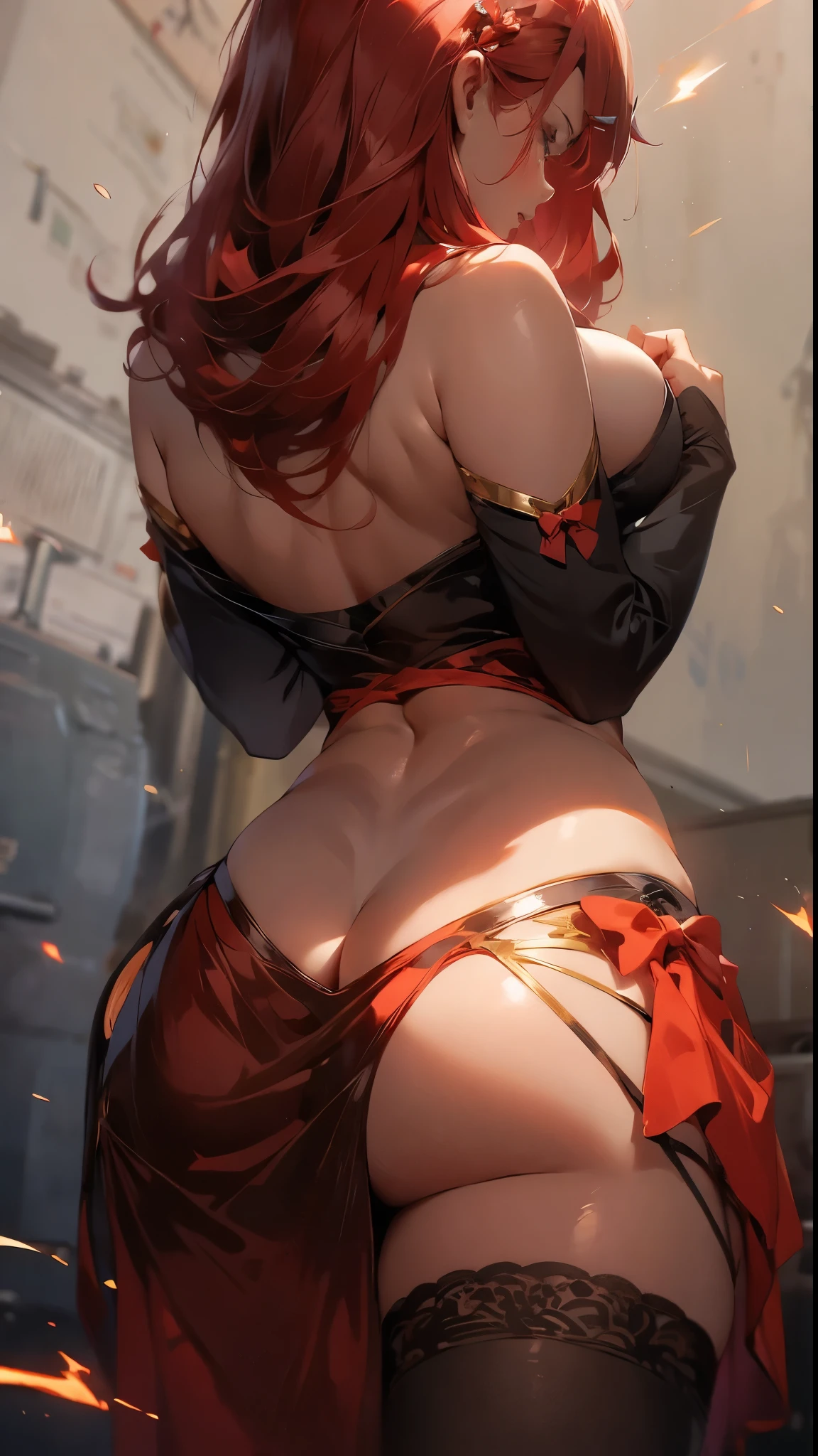  1girl, dress, 独奏, , Red hair，Sexy back，Broken skirt，Bow your head, Expressiveh, , [[gwentstyle]], Sparks flying all over the sky，mystery, painting, author：Sargent