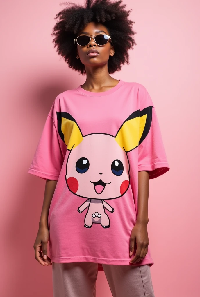 Oversized t-shirt with premium look with pink colour with print of pokemon