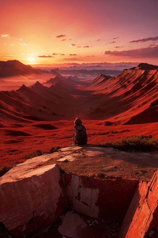 Highest quality、masterpiece、Desolate Earth、wreckage、Red Sky、Surrealism