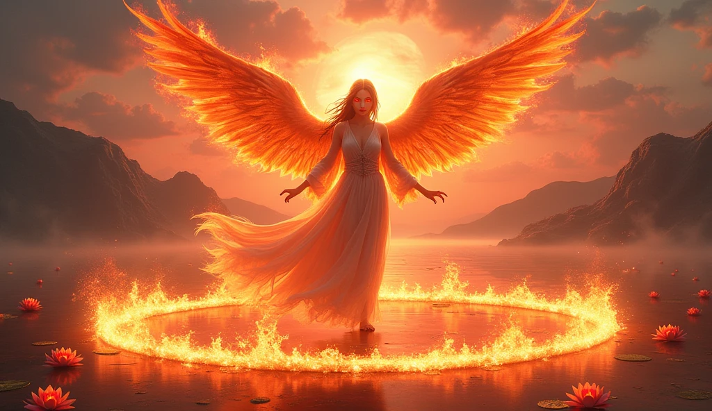 (masterpiece, Best quality: 1.2), a girl with Phoenix wings standing in a ring of fire, with glowing red eyes, Phoenix, lotus flowers, red gold pink, sunrise with mountain in the background