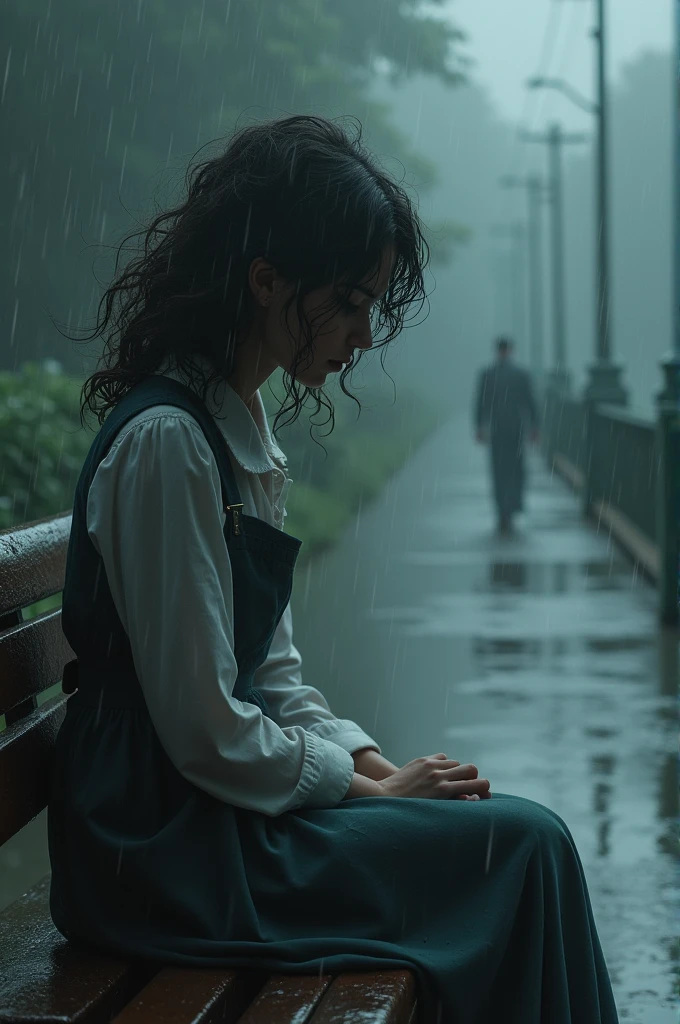 A lonely blind girl was sitting on a bench. She was wearing a university dress that was completely soaked in the rain. A long skirt that barely covered her legs. Her curly hair was wet from the lack of an umbrella. Her hair was blowing in the strong wind...