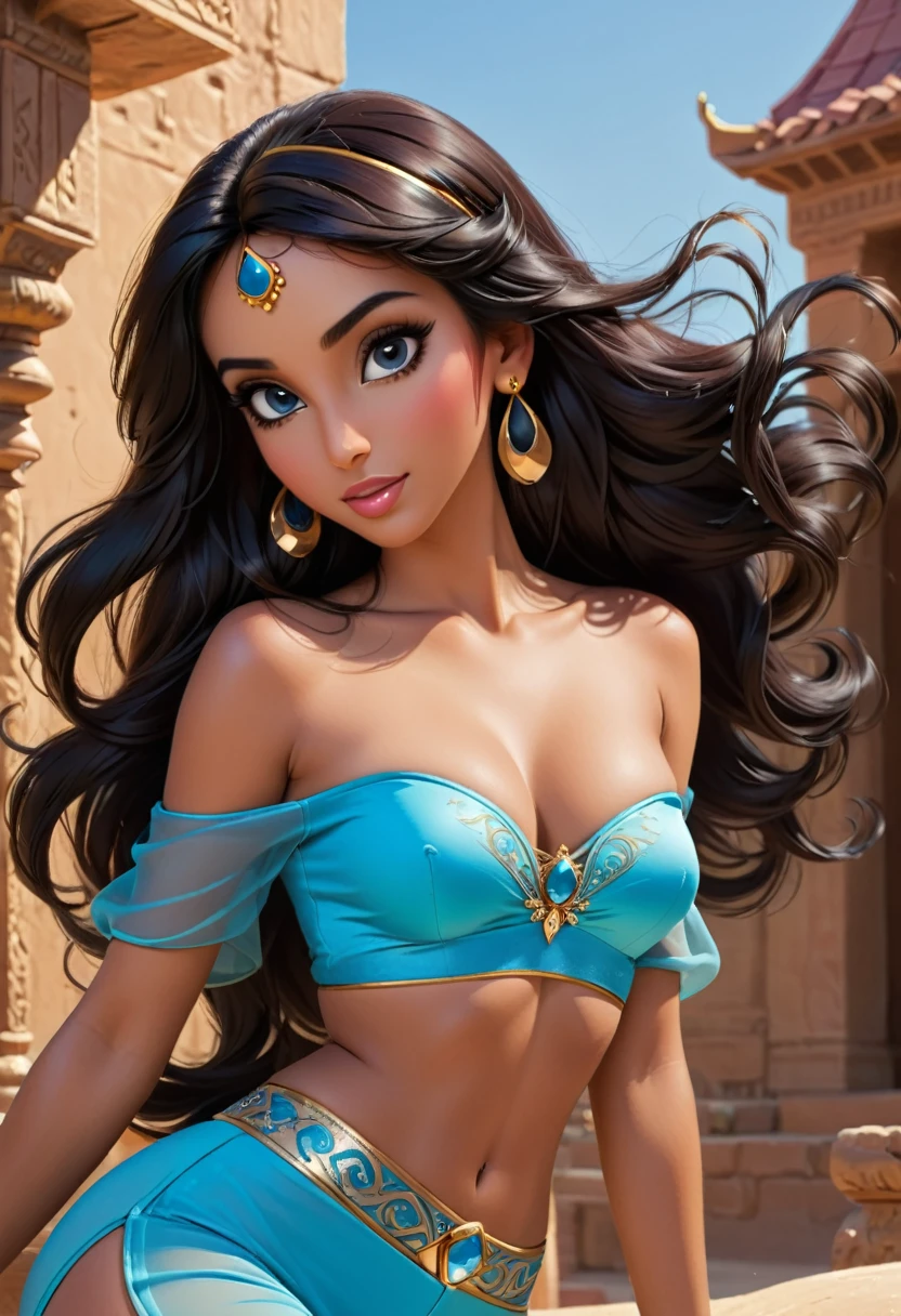 ((score_9, score_8_up, score_7_up, 1girl, solo, Jasmine, rating_safe)) Insanely beautiful girl, 1 ((((cute 18yo girl)))), (((((perfect face, supermodel face:1.6))))), ((sitting, spread legs, arms up)),
Perfect girl, ((((perfect supermodel face)))), ((pretty face, sexy smile:1.1)), (((delicated face:1,5))), ((((hourglass figure:1,2)))), ((((flat stomach, skinny, microwaist:1,8, thin_waist:1,9)))), (((perfect round breasts, macromastia, perky breasts, firm breasts, gigantic breasts:1.3))), ((((smooth skin, perfect skin, tanned skin:1.4)))), (((thick thighs, wide hips, skinny waist:1,9))), (perfect hands), ((perfect fingers)), round ass,
BREAK,
(((glossy_eyes, flawless_eyes, detailed_azuli_eyes:1.4))), (((absurdres_round_iris, crisp_jelly_light_blue_eyes, eyes focus, glossy_light_blue_eyes:1,2)))
(((expressive eyes, perfect eyes, blue_eyes, amazing detailed eyes:1.2))), (((well detailed eyes:1.2))), (enigmatic eyes),
BREAK,
Dark Hair (((beautiful long hair, wavy Dark hair, very long hair, black hair, voluminous hair, perfect straight hair))), (((amazing beautiful Dark hair:1.2))),
BREAK,
((((wearing blue arabian clothes)))), ((skimpy arabian clothes, off-shoulder shirt)), (pants), ((transparent blue clothes)), (jewelry), (((cleavage))), ((((princess Jasmine)))), ((((sky blue with gold trim transparent see thru harem pants:1,6)))), ((((sky blue with gold trim transparent see thru strapless bandeau top:1,6))))
detailed background, beautiful scenery, outdoors, natural lighting, vibrant colors, pastels, ((windy, sunny)), ((Oasis, Arabia, water)), eastern shrine, well-lit environment, ((well lit face)), (((vivid colors, warm colors))),
, scene, b1mb0, (((masterpiece:1.5, best quality:1.4))), (real picture, intricate details), raytracing, (highest quality), (ultra-detailed:1,3), (intricate details:1,3), (best texture quality), (detailed textures),