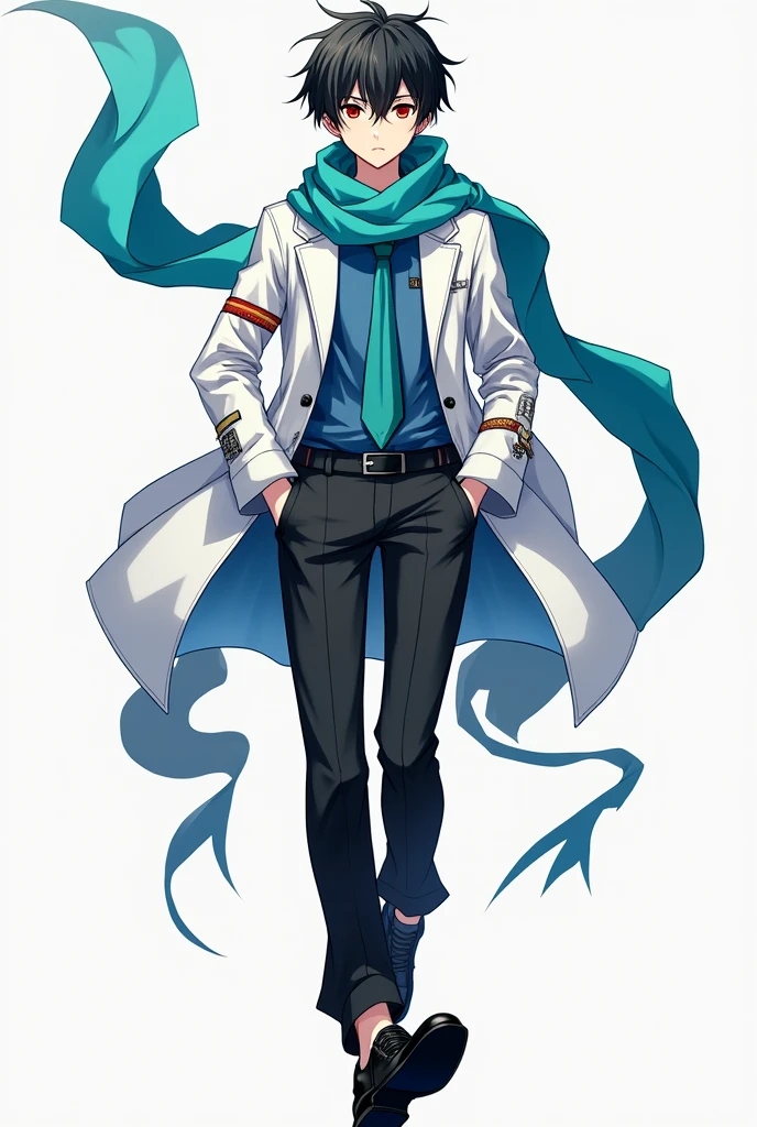 Male, Anime, 18-year old, Short black hair, Fair skin, Red eyes, Blue scarf, White jacket, Blue undershirt, Green necktie, Black trousers, Black shoes