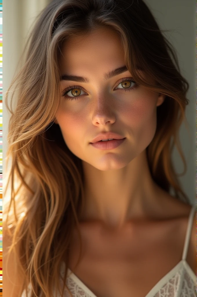 “Elle a de beaux yeux noisette qui brillent sous la lumière, des cheveux bruns soyeux qui tombent délicatement sur ses épaules, et un teint légèrement bronzé qui lui donne un éclat naturel et charmant.”