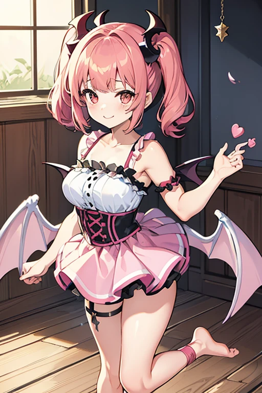 (masterpiece,best quality,ultra-detailed), an anime girl who is a playfully and sweet succubus. She has candy pink m-shaped bangs short hair with twin ponytails, ruby round eyes, fruit bat ears and wings, wearing an attire, barefoot, ankle straps, standing in a playful pose, smile playfully, looking at viewer