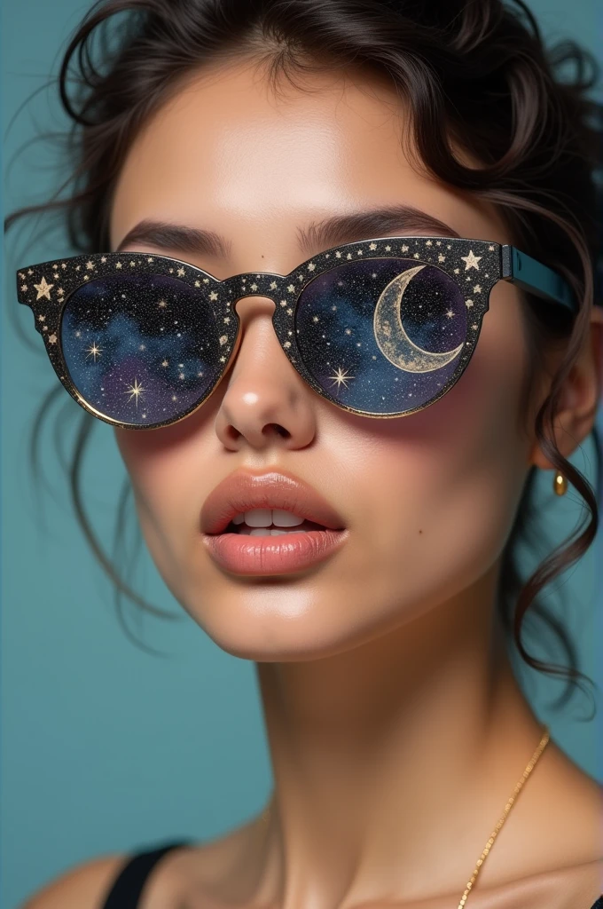 The model is wearing glass sunglasses with stars and the moon on the glass