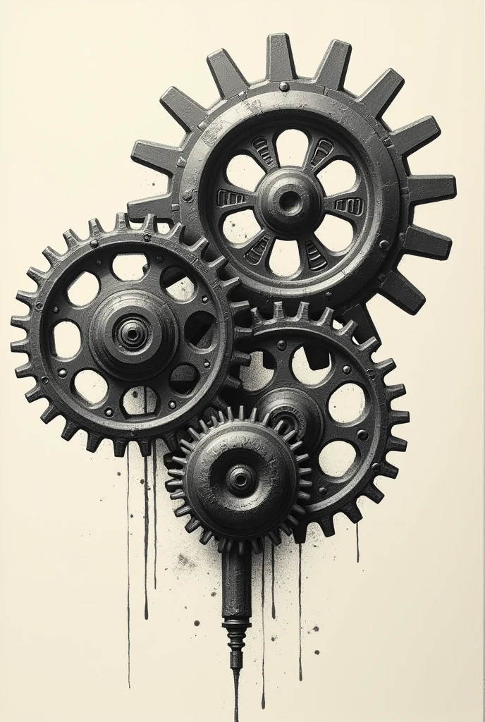 Make a picture of three gears, two big one small connected, steam punk style drawing, with drawing strokes, with thicker lines as if it were a drawing