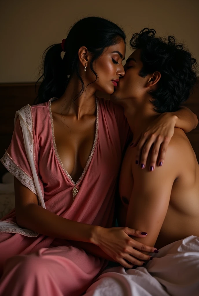 photo of Beautiful Indian Mature Aunty, Dark Skin, Wearing Tight pink Kurti with White stole tied around her neck, Showing Large U Cut Cleavage, Hair tied around her back, Sitting on Bed and Kissing a Boy Man, Dim light in the room.