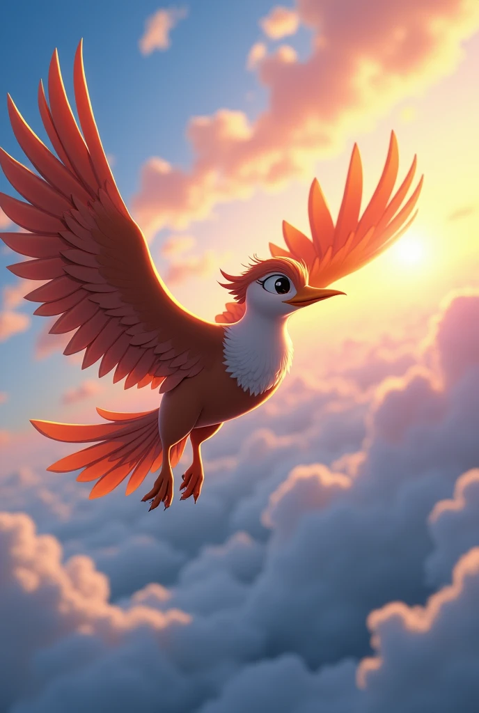 create command prompt in English for a Disney style drawing in 3D in anime for adult bird flying towards the horizon with an air of determination in its eyes