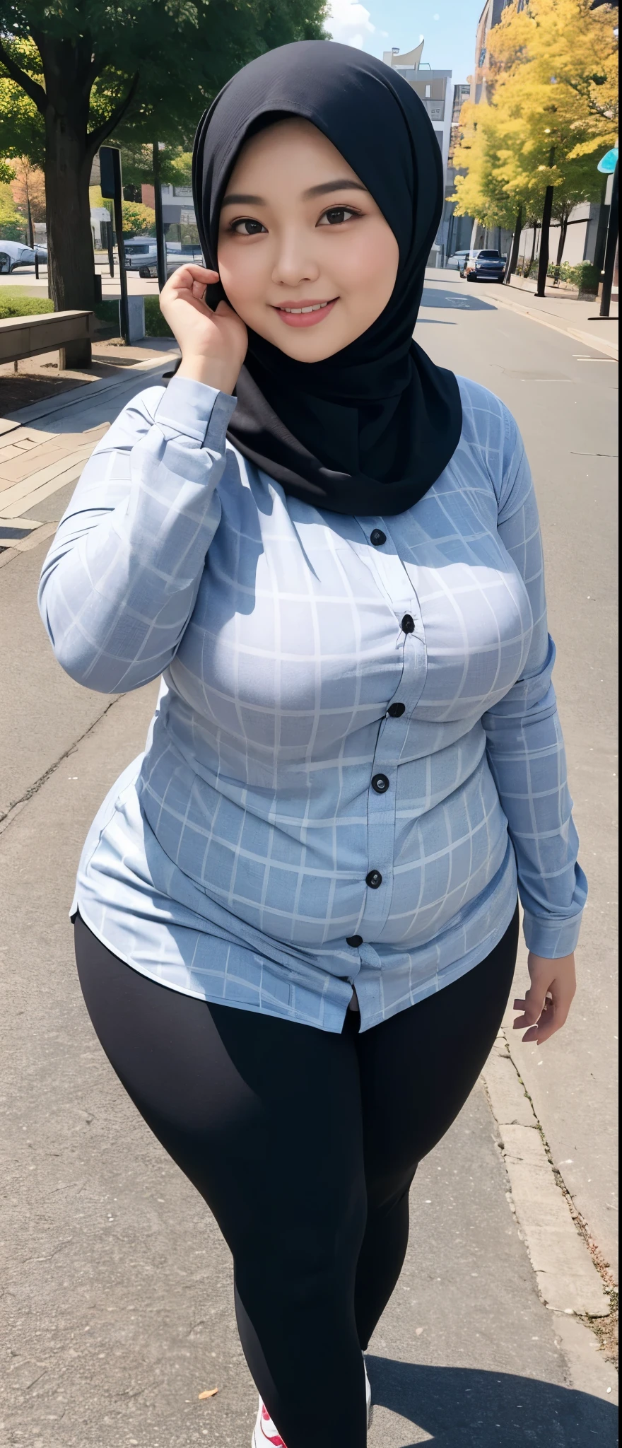 the best masterpiece, chubby hijab woman, beautiful Asian face, full breasts, wearing a checkered shirt, wearing sport leggings, walking in the city park, smiling sweetly, facial details, body details, ultra detailed, realistic quality, fullbody 