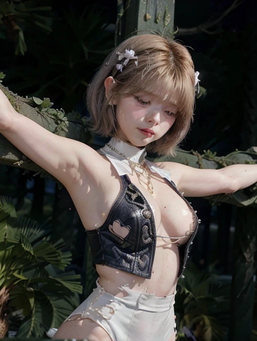 ((high quality、masterpiece、detailed、Normal body、5This finger、Accurate、delicate))、Magical girl((White-based colored leotard armor、Ultra high leg、Transparent leotard、Iron Collar、Torn leotard、Torn leotard、Estrus、Aphrodisiac effect、100 times more sensitive to erogenous zones、Nipple erection、clitoris、orgasm))、Defeated heroine、The leotard is torn and has holes in it..、Stretch your arms from side to side、敗北しCrucified、Crucified、Chain crucifixion、Chained、Open your mouth、shortness of breath、white breath、Sweet Sigh、Slave Collar、Leash color、Strict collar、Iron Collar、The fall of slavery、The Fall of Pleasure、Exposing the abdomen、Dirty emblem on abdomen、The body shining with the lust mark is burning up、Vibrator on nipple、clitorisにローターを当てる、orgasmはあなたを幸福の頂点へ導きます、Accurate解剖学、