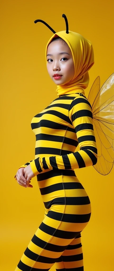 The beautiful Malaysian muslimah adult girl with beautiful cheeks wears yellow Bee lycra turtleneck unitard catsuit covered with black stripes.She has a pair of insect wings.She always wear yellow bee lycra elastane stretchy dancewear square hijab covered with black stripes with antenna.She smells a daffodil flowers