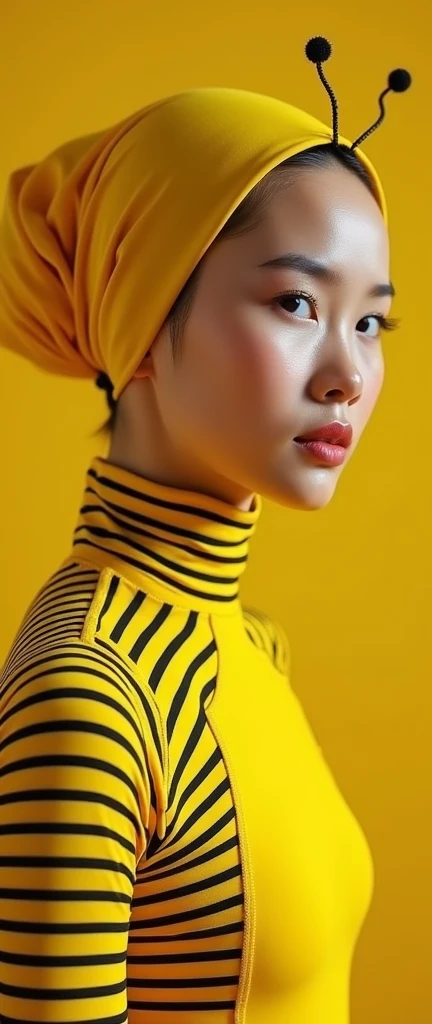 The beautiful Malaysian muslimah adult girl with beautiful cheeks wears yellow Bee lycra turtleneck unitard catsuit covered with black stripes.She has a pair of insect wings.She always wear yellow bee lycra elastane stretchy dancewear square hijab covered with black stripes with antenna.She smells a daffodil flowers