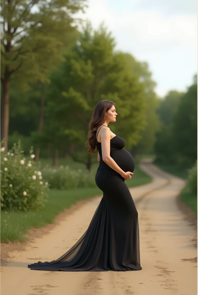 pregnant woman in black dress standing on dirt road in wooded area, a picture by Bernardino Mei, shutterstock, digital art, wearing a long dress, maternal photography 4 k, maternity feeling, profile pose, elegant profile pose, doing an elegant pose, pregnant belly, pregnancy, elegant posed, side pose, she is wearing a black dress, woman posing