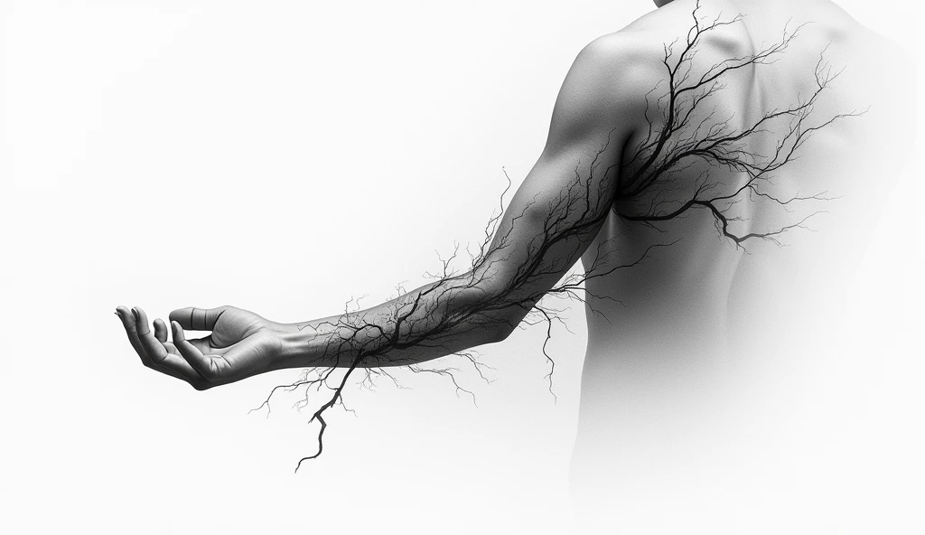 Abstract tattoo design in black and white, flowing from wrist to shoulder. Start with thin, flowing, and textured smoke lines, inspired by the natural, swirling patterns in the reference images. The smoke subtly forms a woman face within, symbolizing loneliness, then transitions into a linear lightning bolt with subtle branches near the shoulder. Use negative space and shades of gray for depth and contrast, maintaining a minimalist and graphic aesthetic.