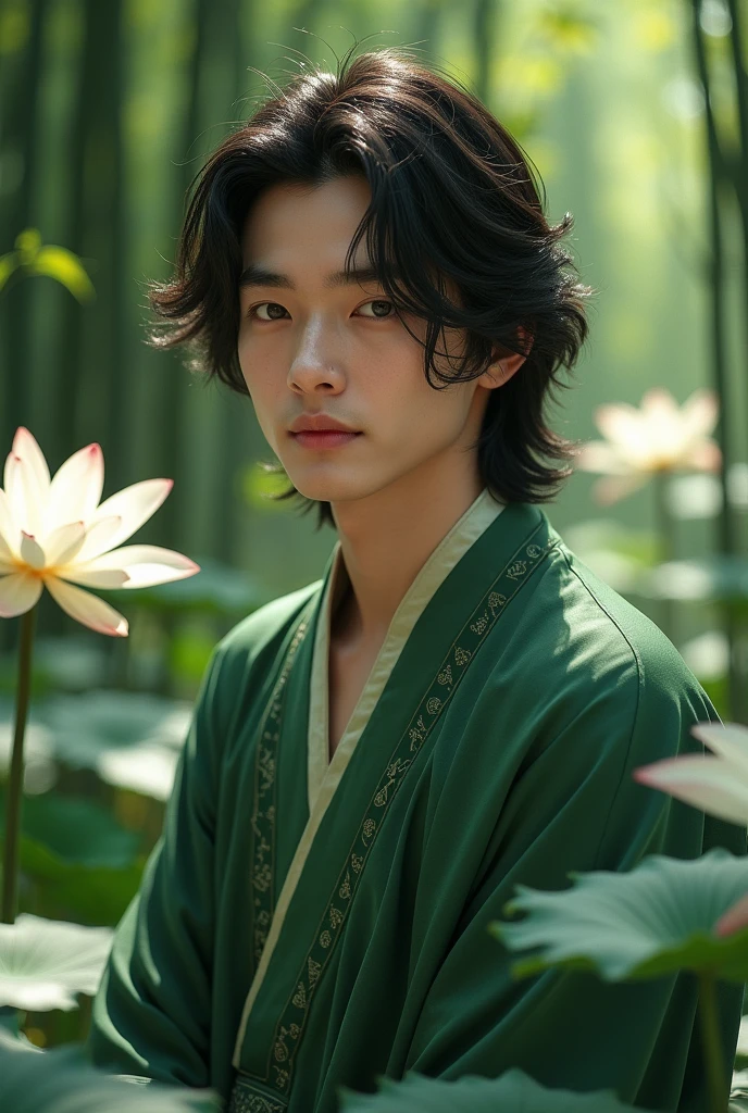 (((best quality))),masterpiece,ultra high resolution,extraordinarily beautiful youth, a bright, innocent smile,All green clothing,((boy 20 year old, green hanfu,green clothing, Chinese shirt style)) ,boy character ,((Thick black long hair)),beautiful face,detailed interior, detailed boy,((man)),(in bamboo forest), house China style, pure white lotus,beautiful and cute boy ,black eyes,((solo man)),(he has a Big eyes, charming lips, slim nose and small face),(slim figures ),