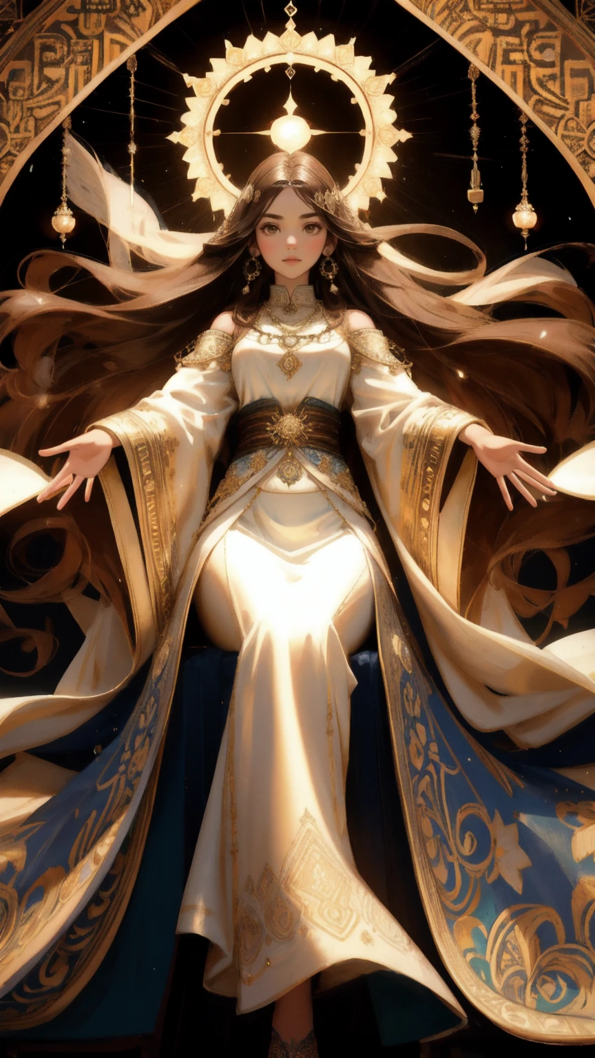 A beautiful girl with long flowing hair sits gracefully on top of a majestic, intricately designed flying carpet, labeled 'Rug-Pull-Proof,' suspended in the air by golden chains. The carpet has ornate patterns and an elegant, luxurious texture, hovering above outstretched hands reaching for it from below. The entire scene is bathed in warm brown tones, creating a mystical, dreamlike atmosphere, with intricate arches framing the background, adding a touch of ancient, magical ambiance.