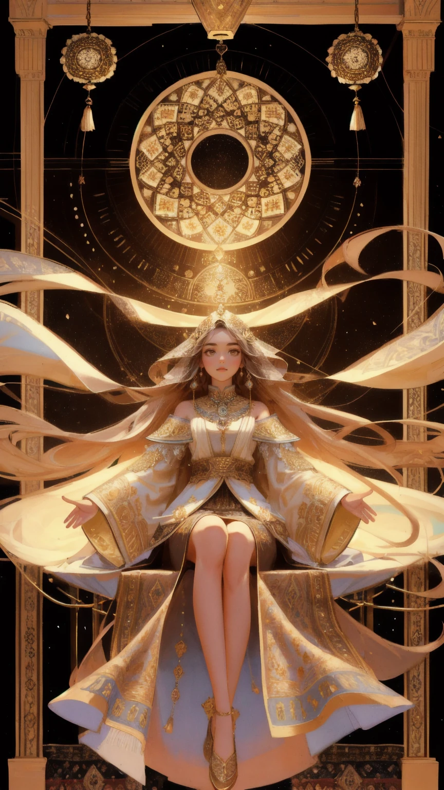 A beautiful girl with long flowing hair sits gracefully on top of a majestic, intricately designed flying carpet, labeled 'Rug-Pull-Proof,' suspended in the air by golden chains. The carpet has ornate patterns and an elegant, luxurious texture, hovering above outstretched hands reaching for it from below. The entire scene is bathed in warm brown tones, creating a mystical, dreamlike atmosphere, with intricate arches framing the background, adding a touch of ancient, magical ambiance.