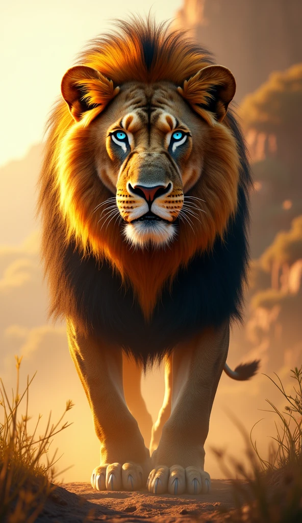 Create an ultra realistic 8k image of a big strong and beautiful blue eyed Lion with scars in the sun