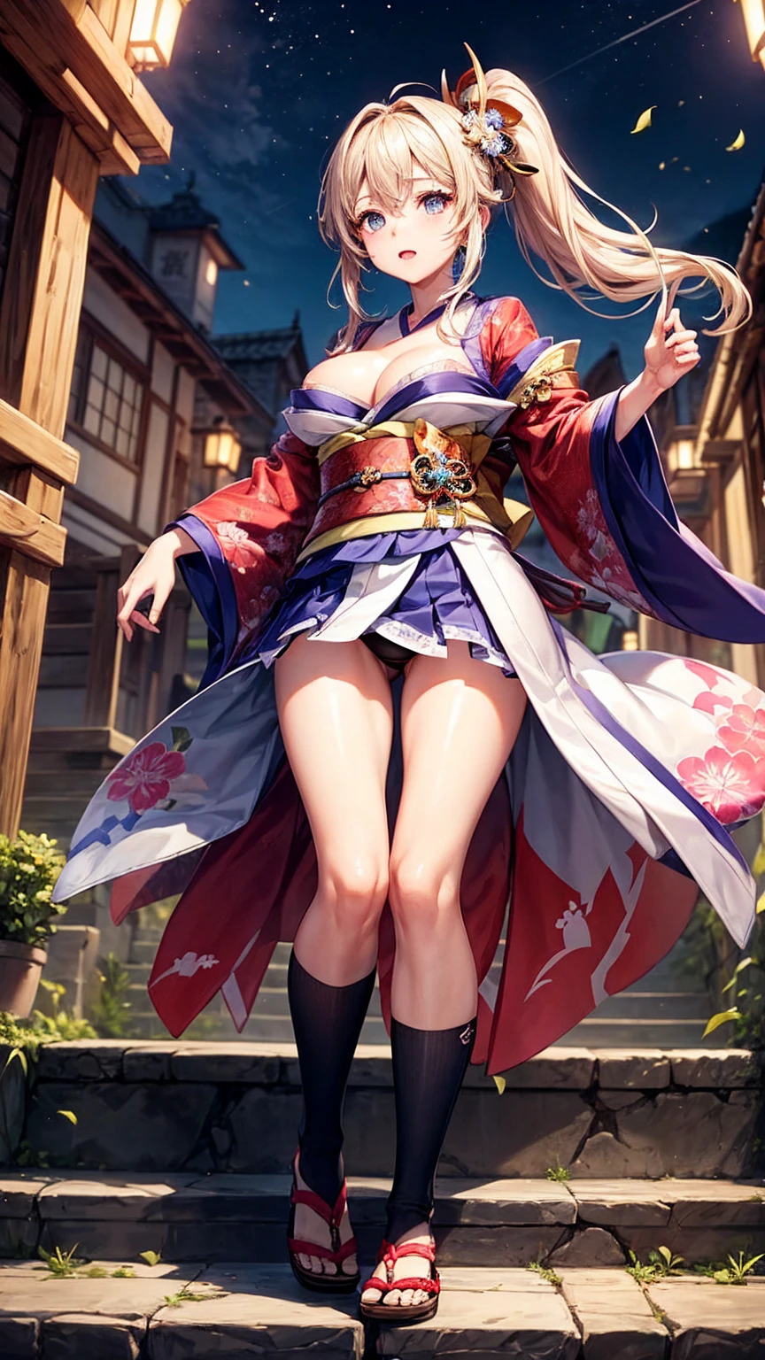 ((Highest quality、8k、masterpiece:1.3))、Dynamic Angle、Angle seen from below、The whole body is visible、Looking up from the bottom of the stairs、wallpaper、1 person、Unparalleled beauty、Ultimate beauty、Skimpy underwear、Highly detailed face、Delicate eyes、Sexy look、Looking into the camera、Depth of written border、Particles of light、Side light、ponytail、kimono、A skirt blown up by the wind、Genshin Impact、Open the chest、Big Breasts、Cleavage、Knee socks、Thighs、slim、thin、Old castle at night