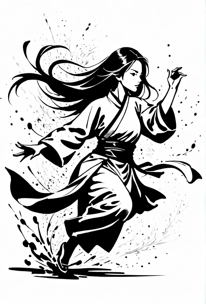 zydink, monochrome, ink sketch, asian (middle age woman), fighting stance, looking at viewer, long hair, floating hair, hanfu, chinese clothes, long sleeves, (abstract ink splash:1.2), white background