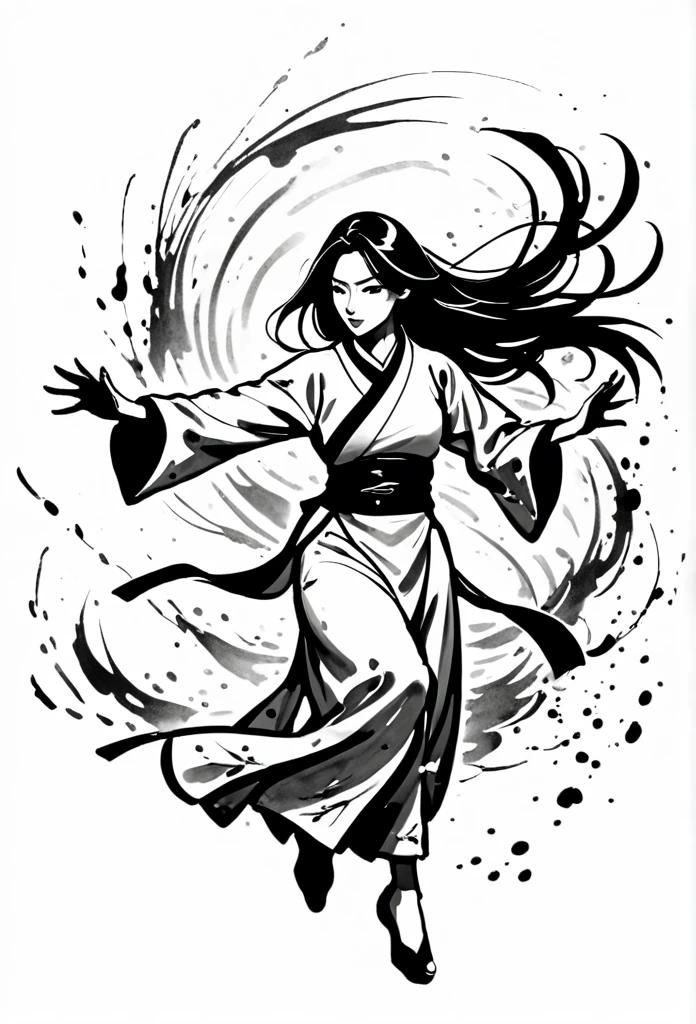 zydink, monochrome, ink sketch, asian (middle age woman), fighting stance, looking at viewer, long hair, floating hair, hanfu, chinese clothes, long sleeves, (abstract ink splash:1.2), white background