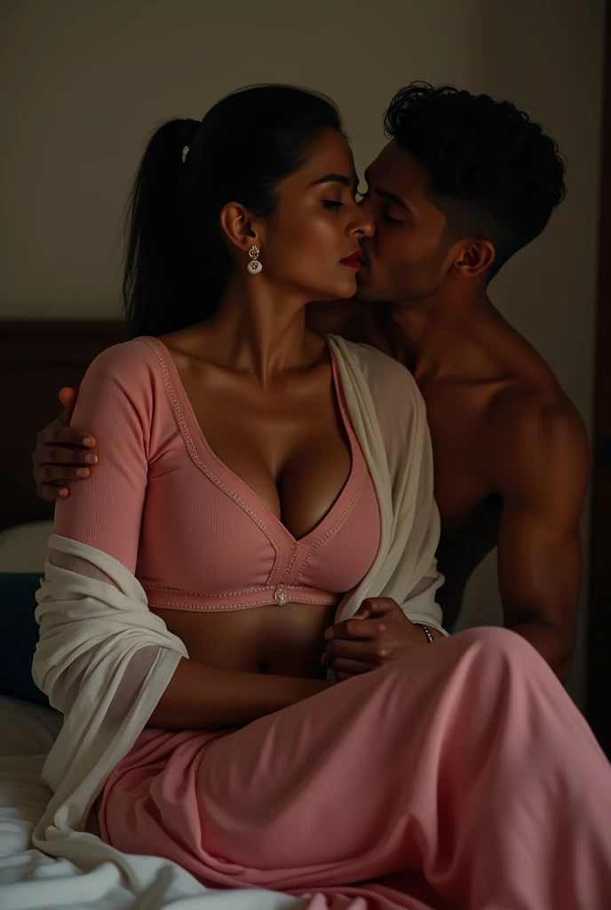 photo of Beautiful Indian Mature Aunty, Dark Skin, Wearing Tight pink Kurti with White stole tied around her neck, Showing Large U Cut Cleavage, Hair tied around her back, Sitting on Bed and Kissing a Boy Man, Dim light in the room.