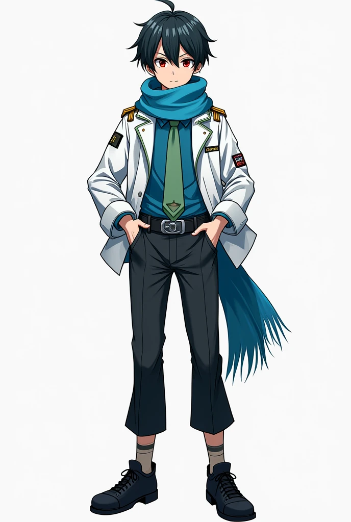 Male, Anime, 18-year old, Short black hair, Fair skin, Red eyes, Blue scarf, White jacket, Blue undershirt, Green necktie, Black trousers, Black shoes
