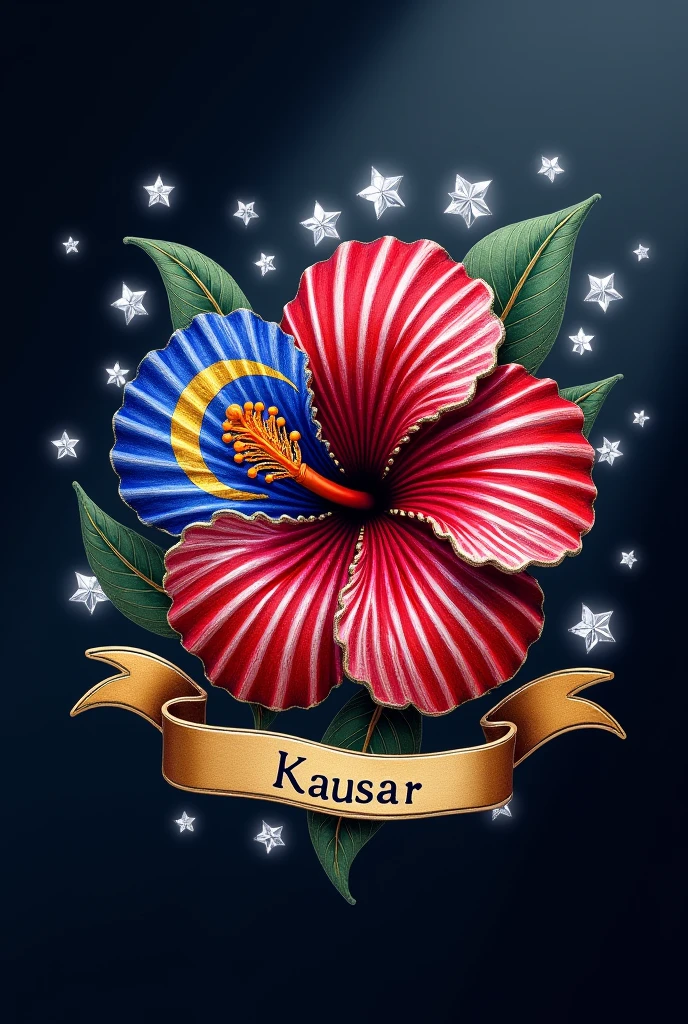 Brooch hibiscus with malaysia flag as the pattern and KAUSAR inside ribbon under it with glowing white diamonds scattered around