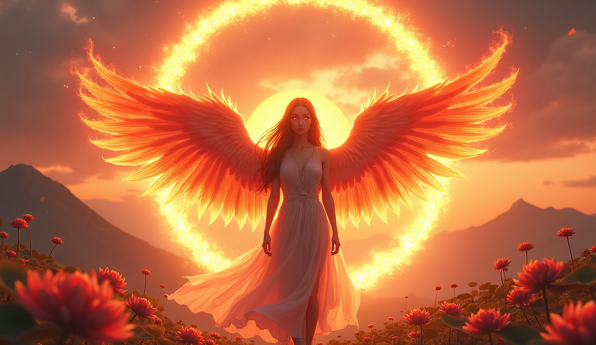 (masterpiece, Best quality: 1.2), a girl with Phoenix wings standing in a ring of fire, with glowing red eyes, Phoenix, lotus flowers, red gold pink, sunrise with mountain in the background