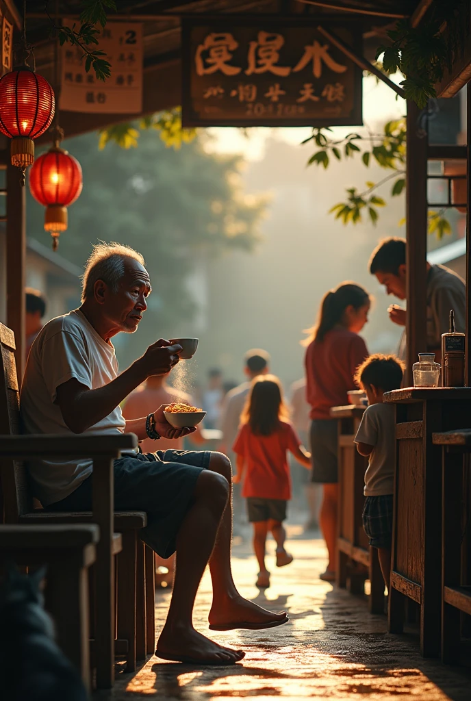 (Photorealism 1.2) high detailed definition cinematic cinematography  old Chinese man wearing white t-shirt short trousers at old rusty wood coffee shop sitting drinking coffee bowl of noodles at table  young women shop attendant servings customer kids running cat begging food wet floor  morning mode sunlight silhouette at Malay old town Chinese noodle store