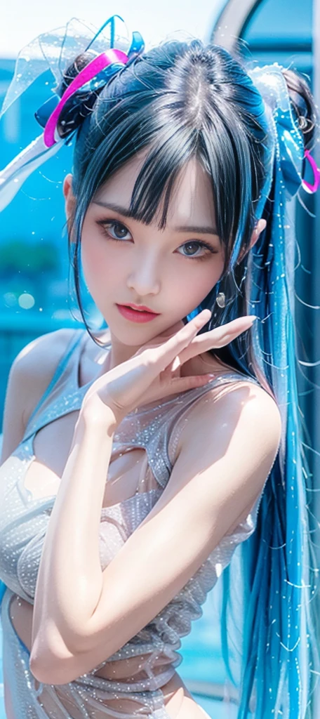 (((Masterpiece, top quality, super detailed face))), (((highly detailed face))), woman in frilly white bikini, attractive and slender body model, (((very sharp focused eyes))), large precise black eyes shining like jewels, long eyelashes, Hatsune Miku, thick bangs, no makeup, small thin nose, small thin lip mouth, blue ocean and white sand beach, blue sky and incoming clouds, (((overall accuracy dramatically improved, creating ultra detailed and realistic images))), HDR (High Dynamic Range), ray tracing, NVIDIA RTX, ultra resolution, Unreal 5, Subsurface scattering, PBR texturing, post-processing, anisotropic filtering, depth of field, maximum clarity and sharpness, multi-layer textures, albedo and specular maps, surface shading, accurate Simulated Light Material Interaction, Perfect Proportions, Octane Rendering, Two Tone Lighting, Wide Aperture, Low ISO, White Balance, Rule of Thirds, 16K RAW,